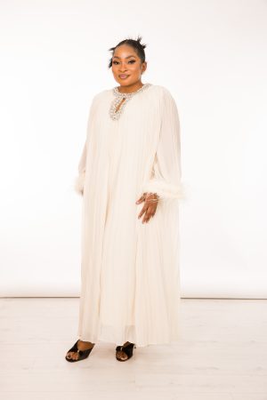 feather-sleeves-pleated-dress